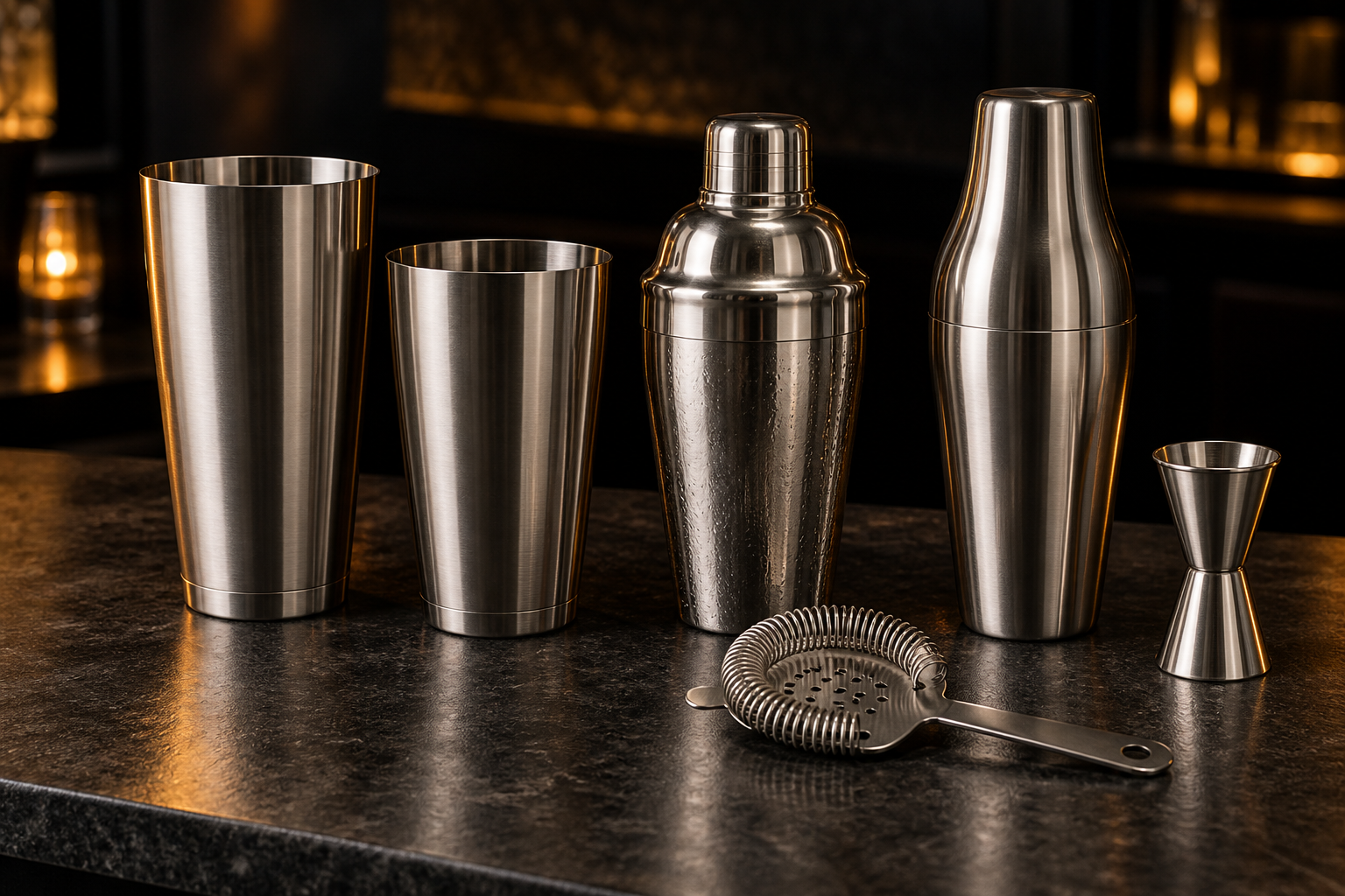 Boston tins, Cobbler and Parisian cocktail shakers with a jigger and strainer on a dark bar