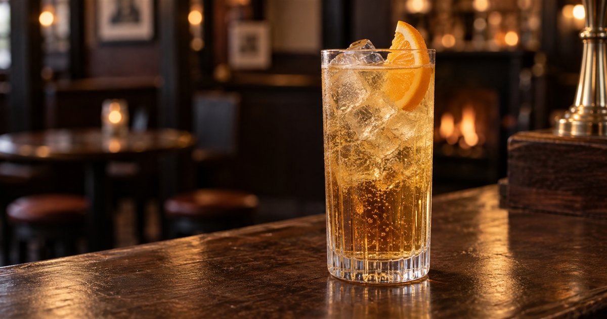 Whisky and ginger ale highball with ice and an orange wedge on a pub bar
